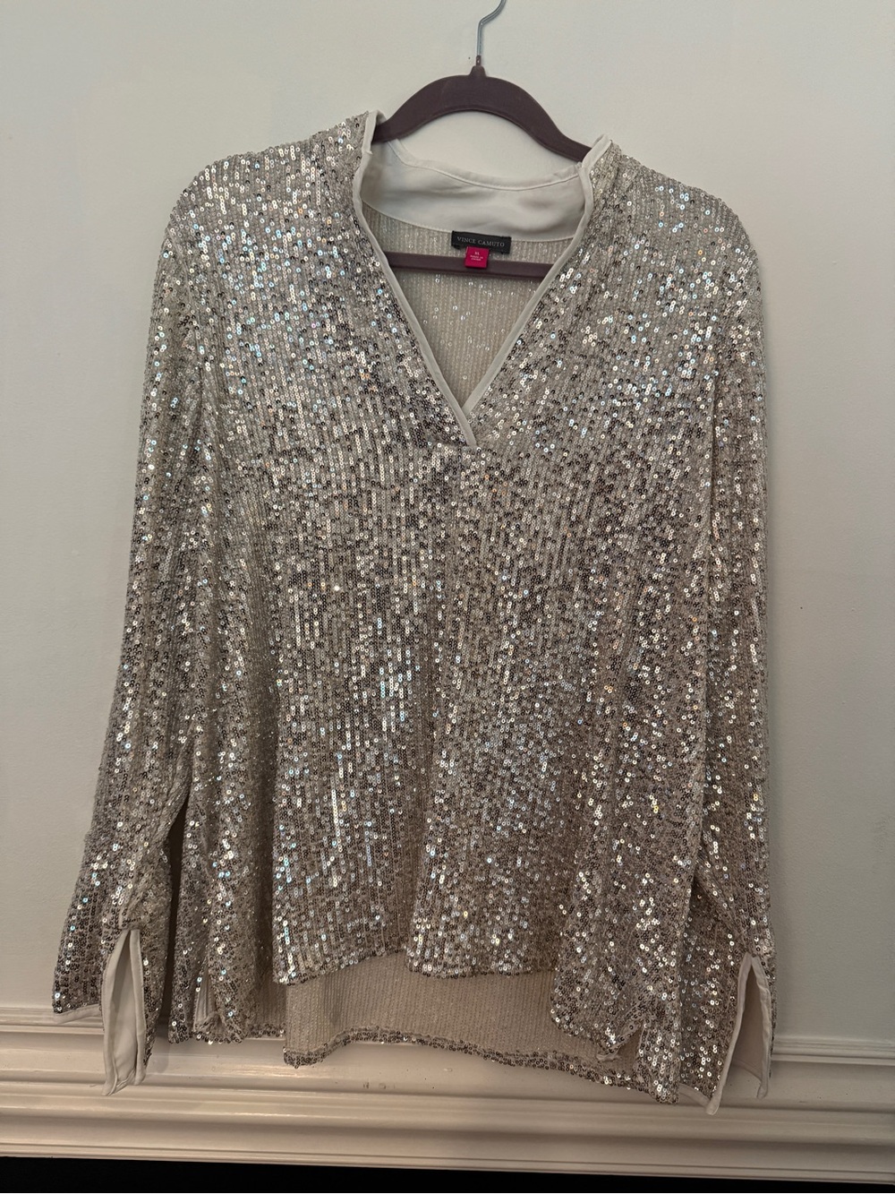 Vince Camuto Cream and Silver Sequin V-Neck Top